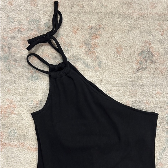 Old Navy Black One Shoulder Tie Ribbed Midi Dress with Side Slit and Shelf Bra - Picture 6 of 7